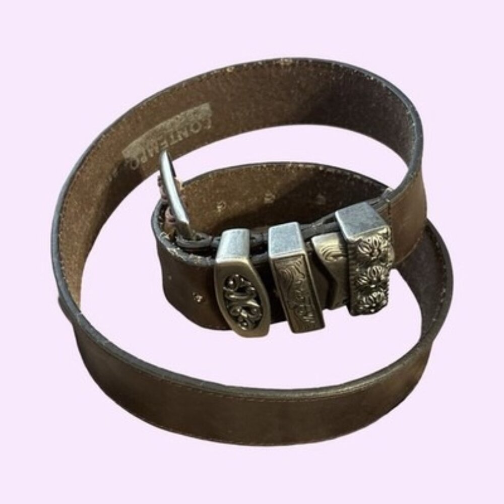Brown Leather Belt Silver Tone Accents Cowgirl Buckle Waist Contempo 28” Women’s